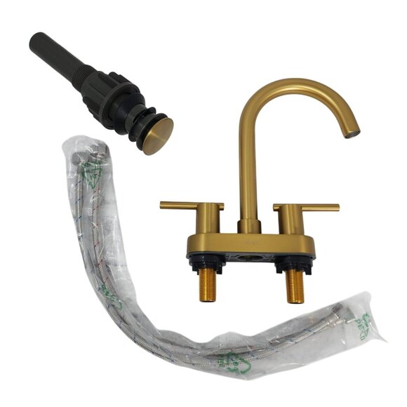 Kenes Brushed Gold 4 Inch 2 Handle Centerset Bathroom Sink Faucet With Manual
